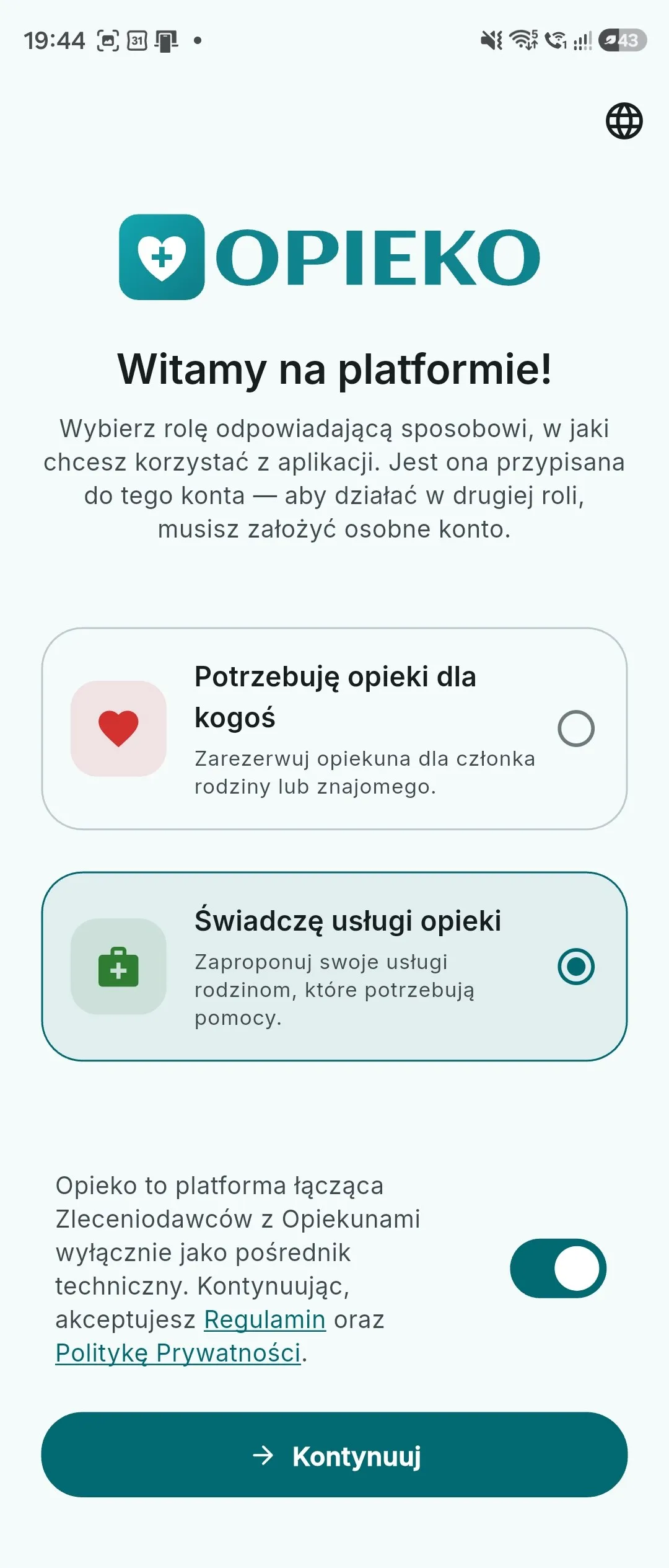 Вітальний екран Opieko з вибором ролі: «Потребую догляду для когось» або «Надаю послуги догляду».