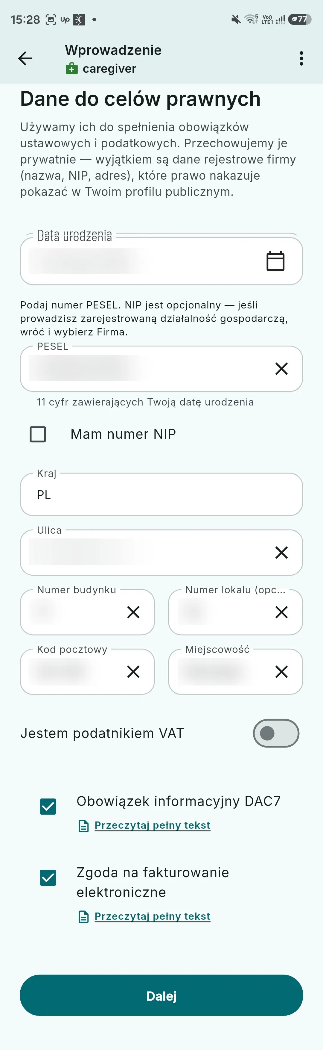Форма юридичних даних: дата народження, PESEL, адреса, статус платника ПДВ, а також згоди DAC7 та на електронні рахунки.