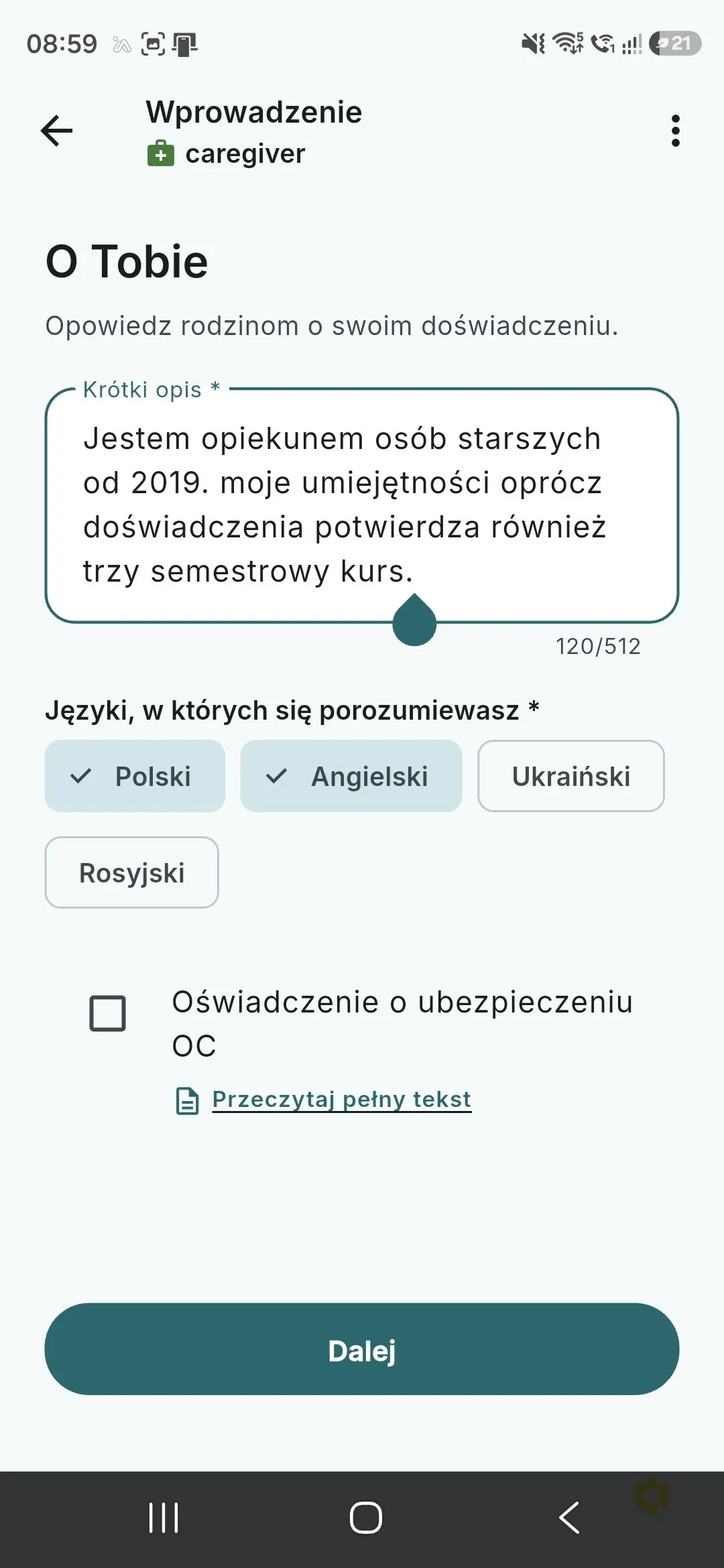 Екран «Про вас»: короткий опис, мови, якими ви володієте, і підтвердження страхування відповідальності OC.