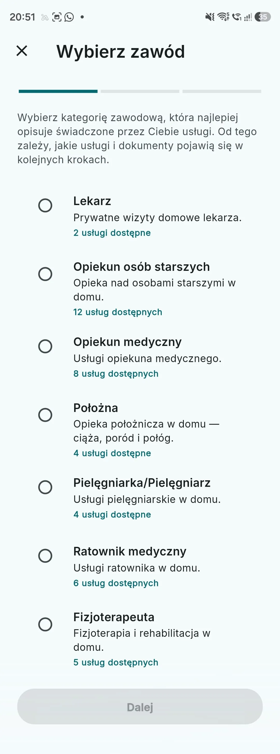 Ekran „Wybierz zawód” — pierwszy krok kreatora oferty — z listą kategorii zawodowych: lekarz, opiekun osób starszych, opiekun medyczny, położna, pielęgniarka/pielęgniarz, ratownik medyczny, fizjoterapeuta, każda z liczbą dostępnych usług.