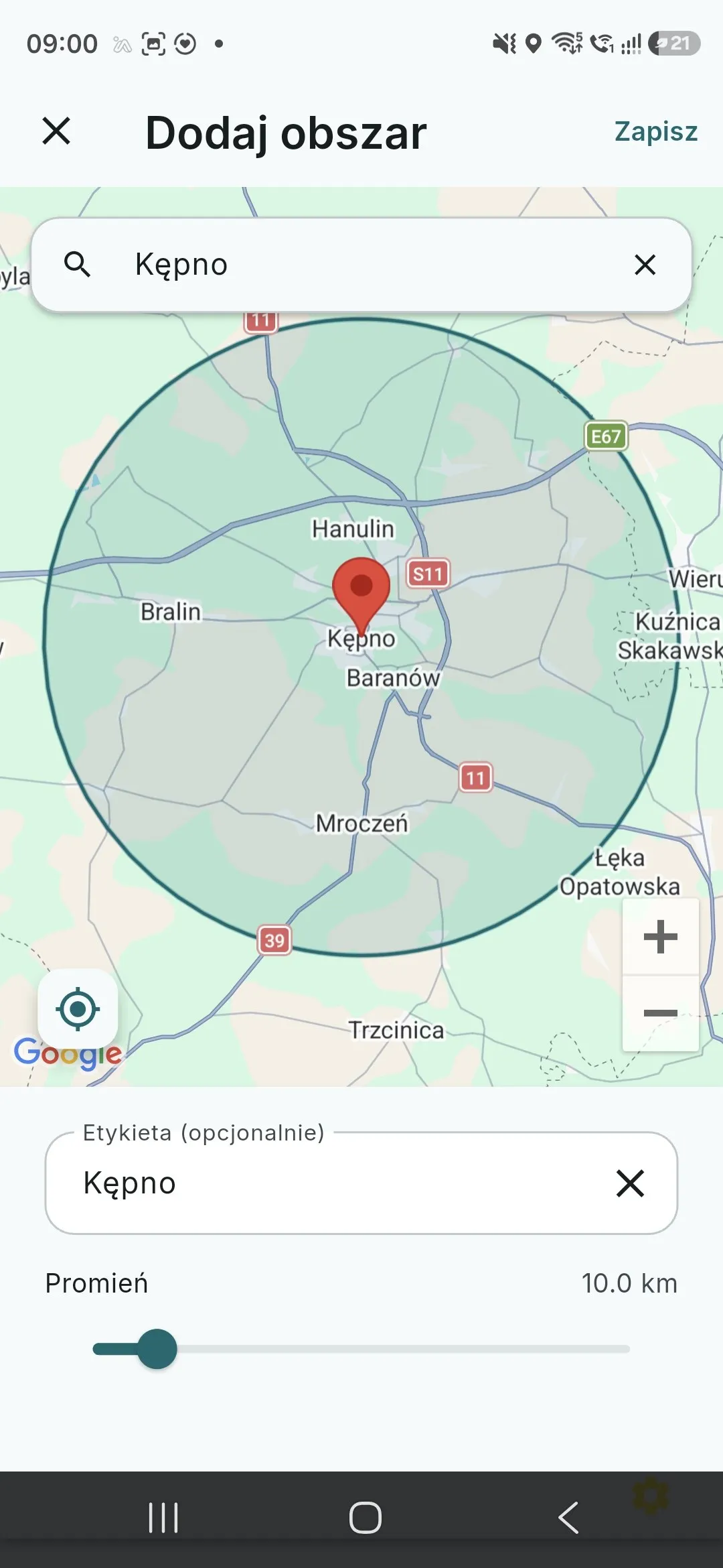 Карта з позначеним центром зони, полем назви та повзунком радіуса, встановленим на 10 км.