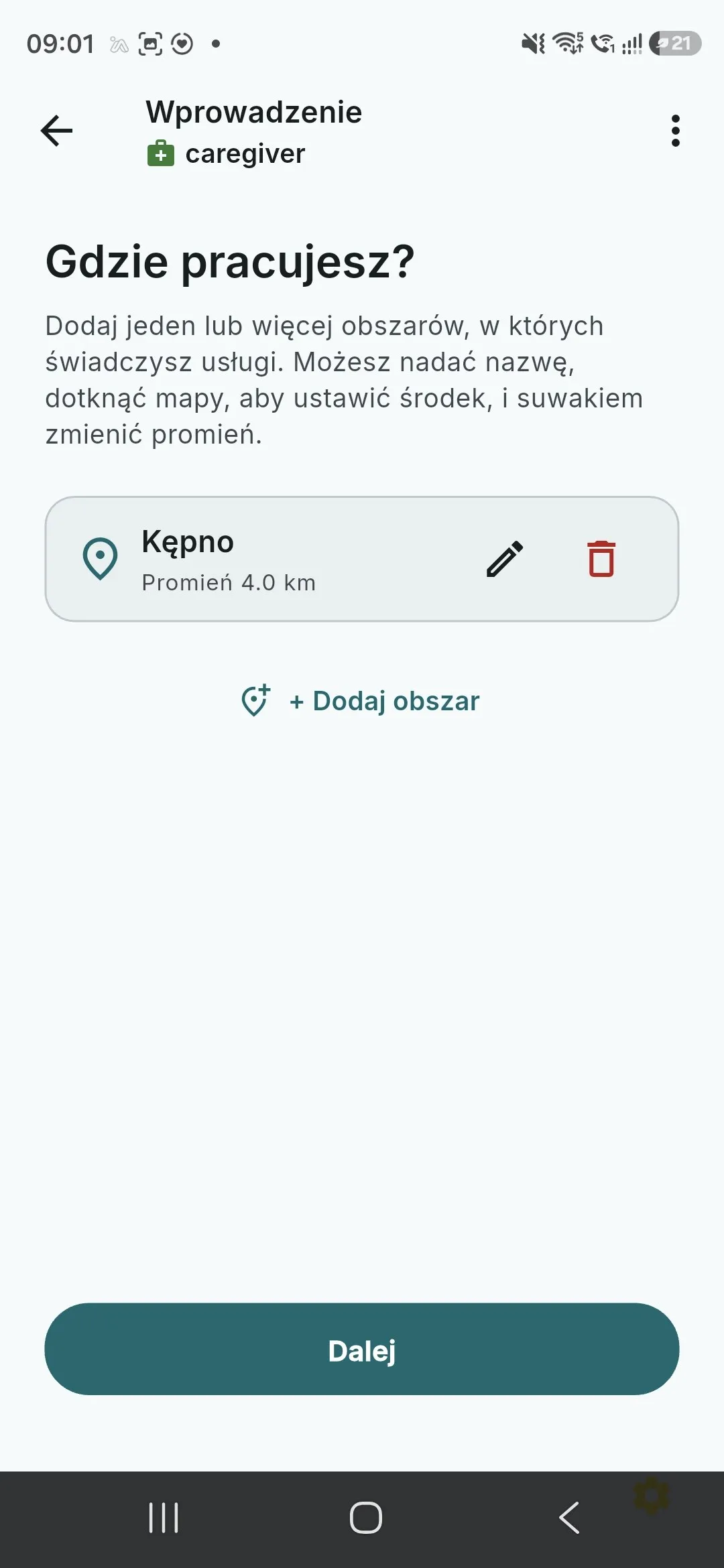 Список зон роботи з одним записом: Кемпно, радіус 4 км, з діями редагування та видалення.
