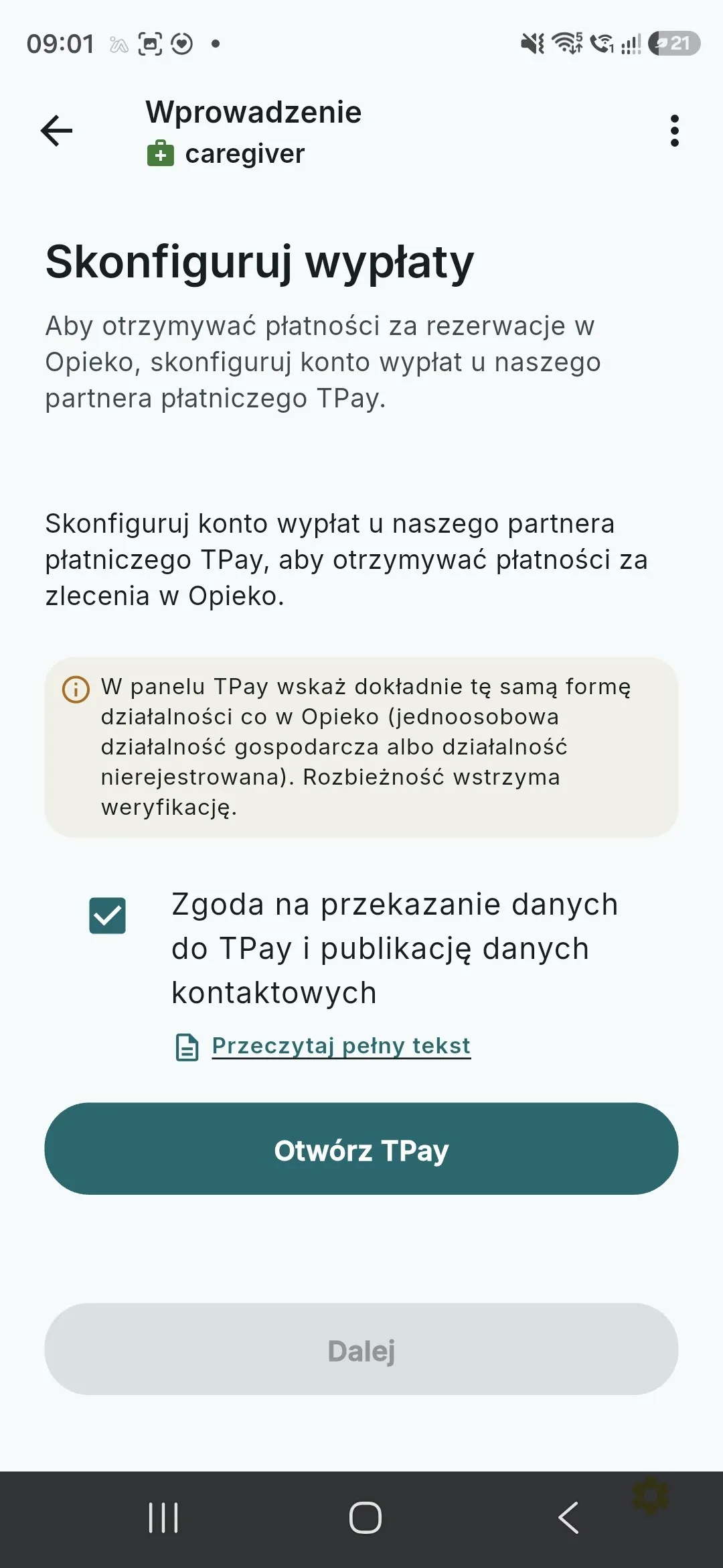 Крок «Налаштування виплат» в Opieko зі згодою на передавання даних до Tpay та кнопкою «Відкрити TPay».