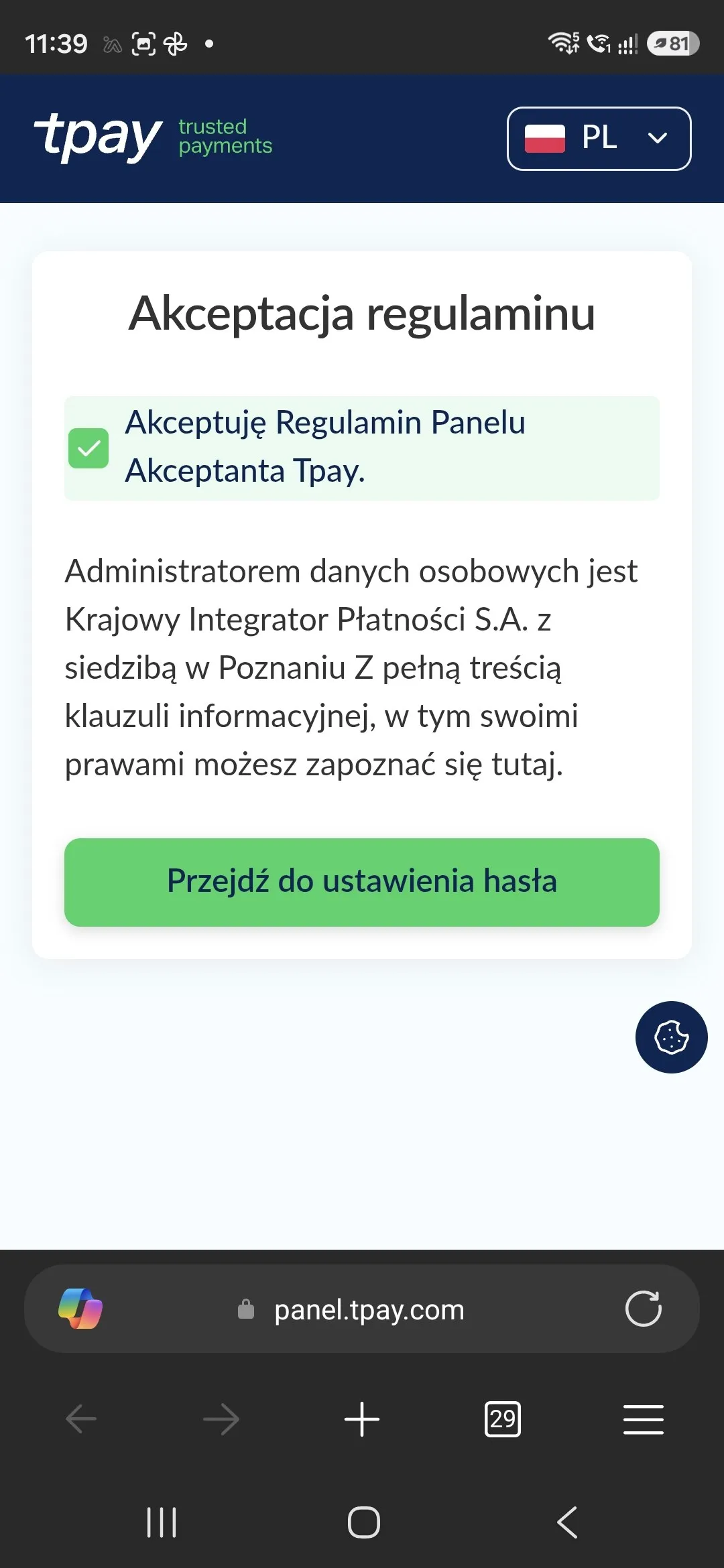 Екран Tpay «Прийняття умов» із позначеними умовами Merchant Panel і кнопкою переходу до створення пароля.
