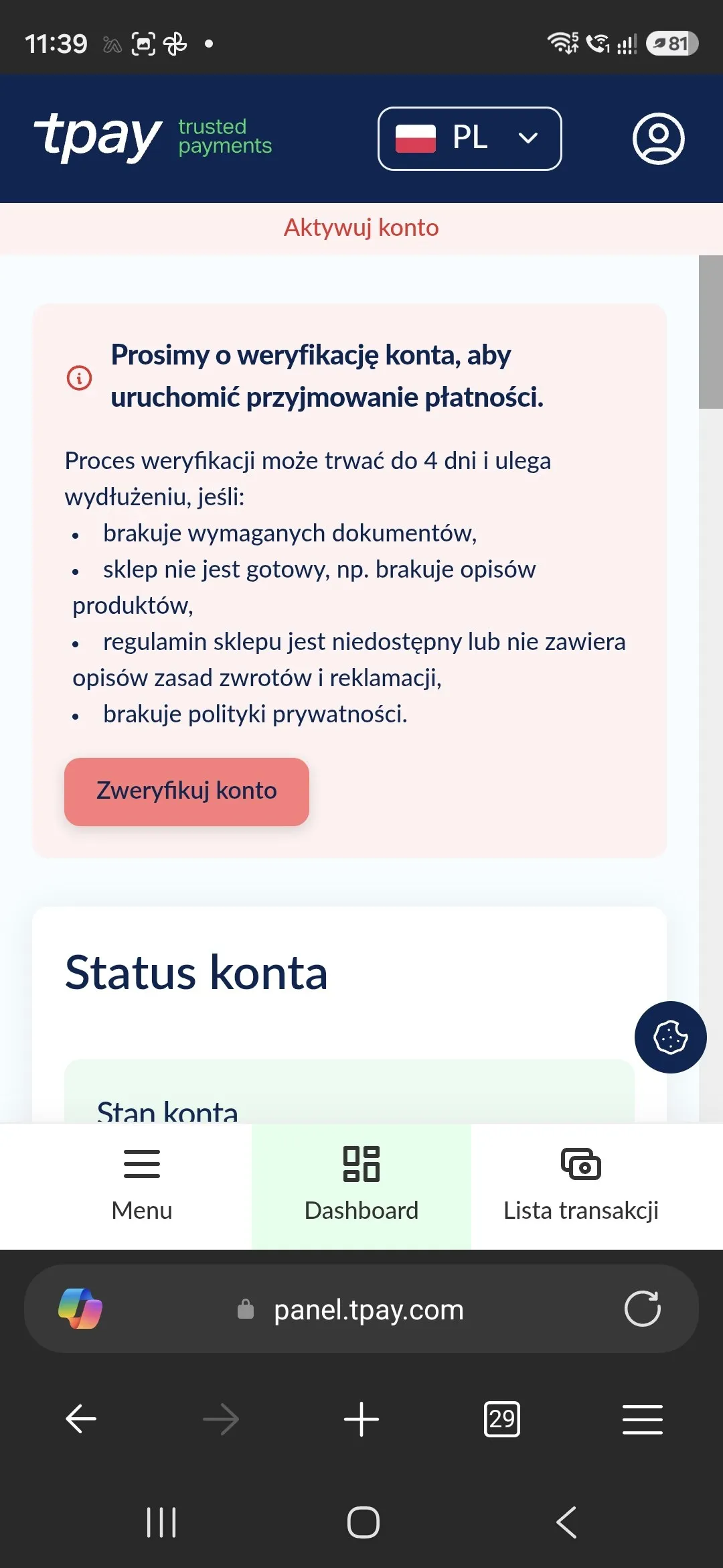 Панель Tpay на телефоні з повідомленням про верифікацію облікового запису та кнопкою «Верифікувати рахунок».