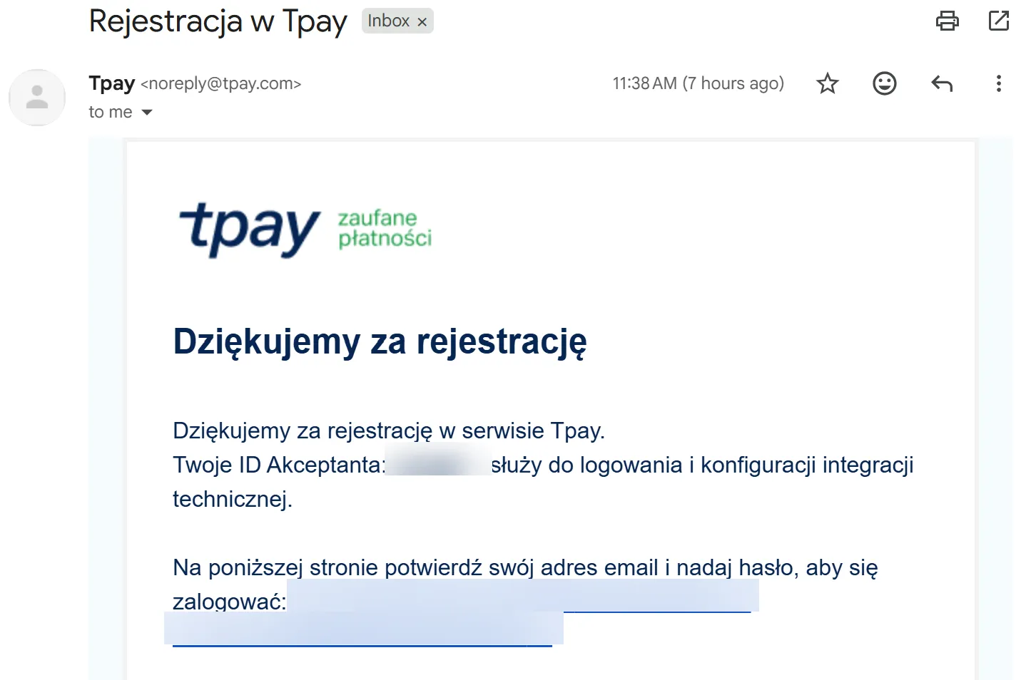 Лист-підтвердження реєстрації від Tpay з ідентифікатором продавця та посиланням для активації, відкритий на комп’ютері.