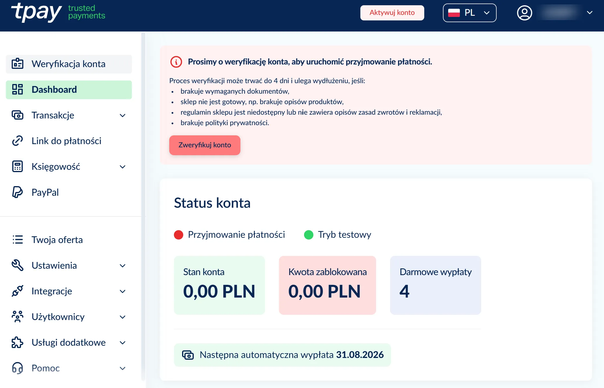 Панель Tpay на комп’ютері: статус рахунку, баланс, кількість безкоштовних виплат і дата наступної автоматичної виплати.