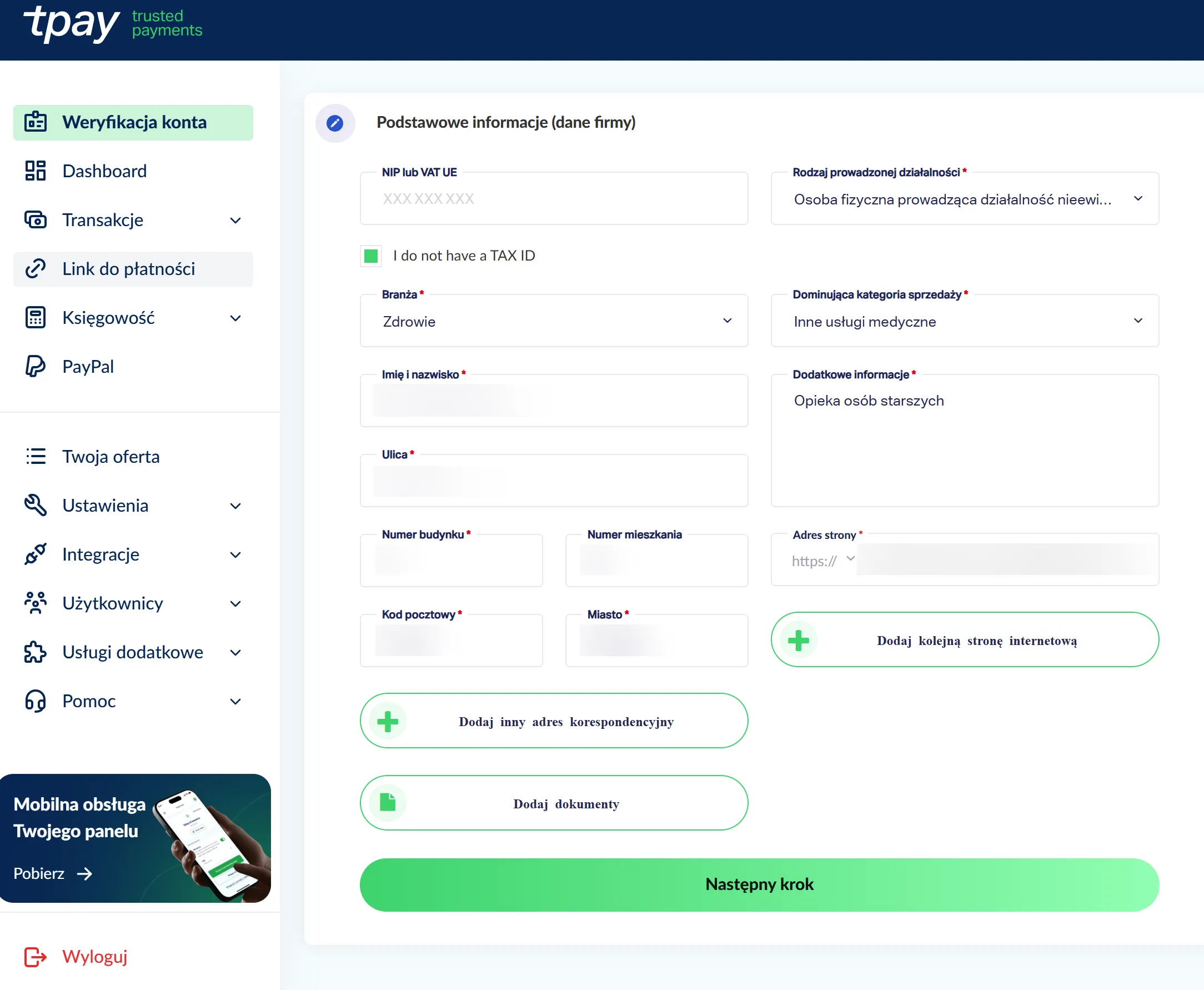 Форма верифікації Tpay — основна інформація: податковий номер або його відсутність, галузь, категорія продажу, назва та адреса.