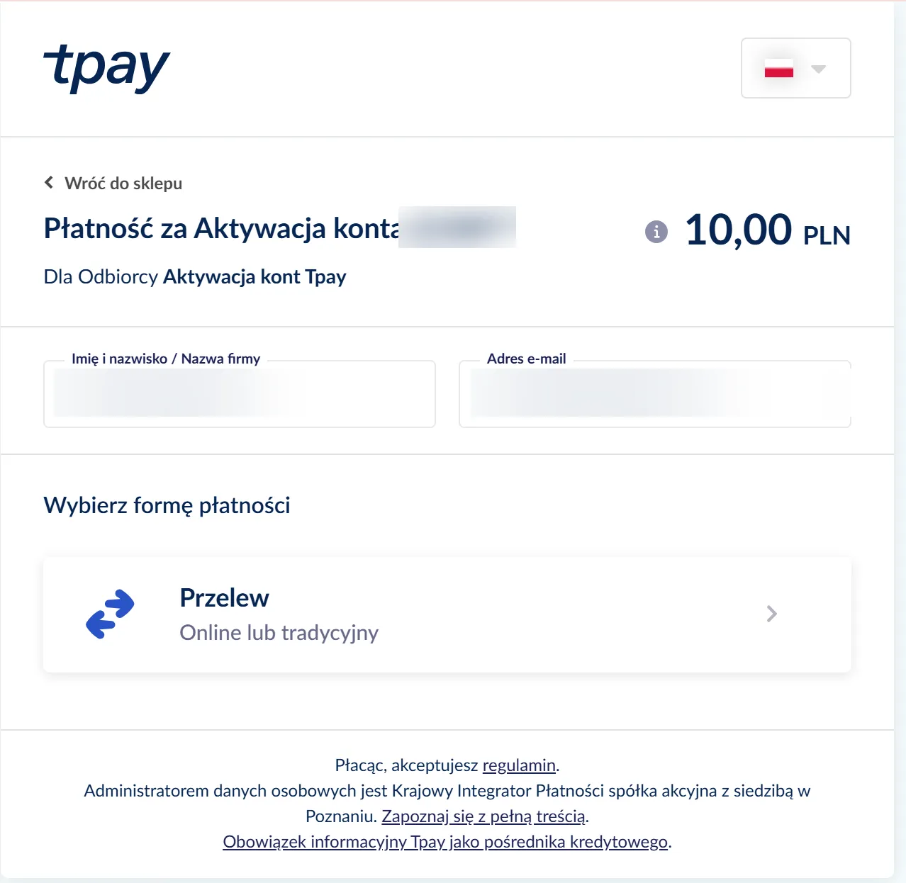 Сторінка оплати активації рахунку Tpay на суму 10,00 zł з опцією банківського переказу.