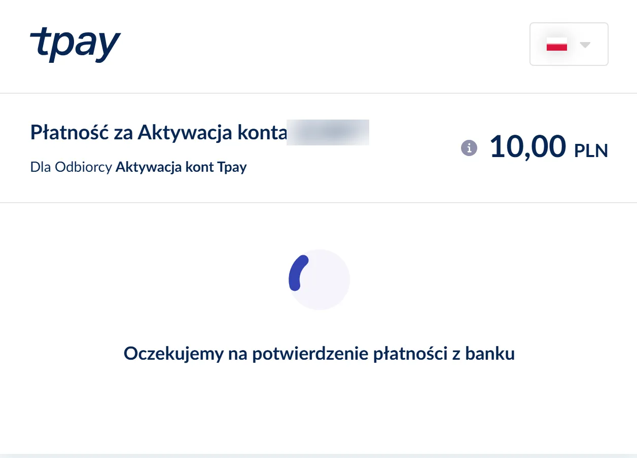 Екран Tpay в очікуванні підтвердження платежу банком.