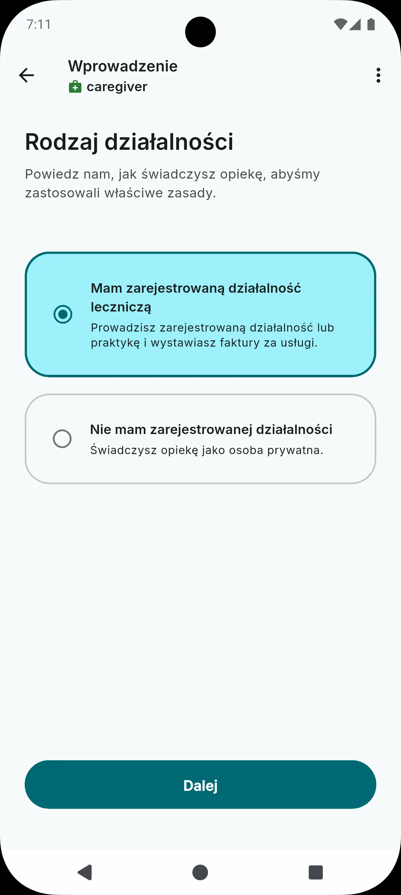 Ekran wyboru formy współpracy: Firma albo Osoba prywatna.