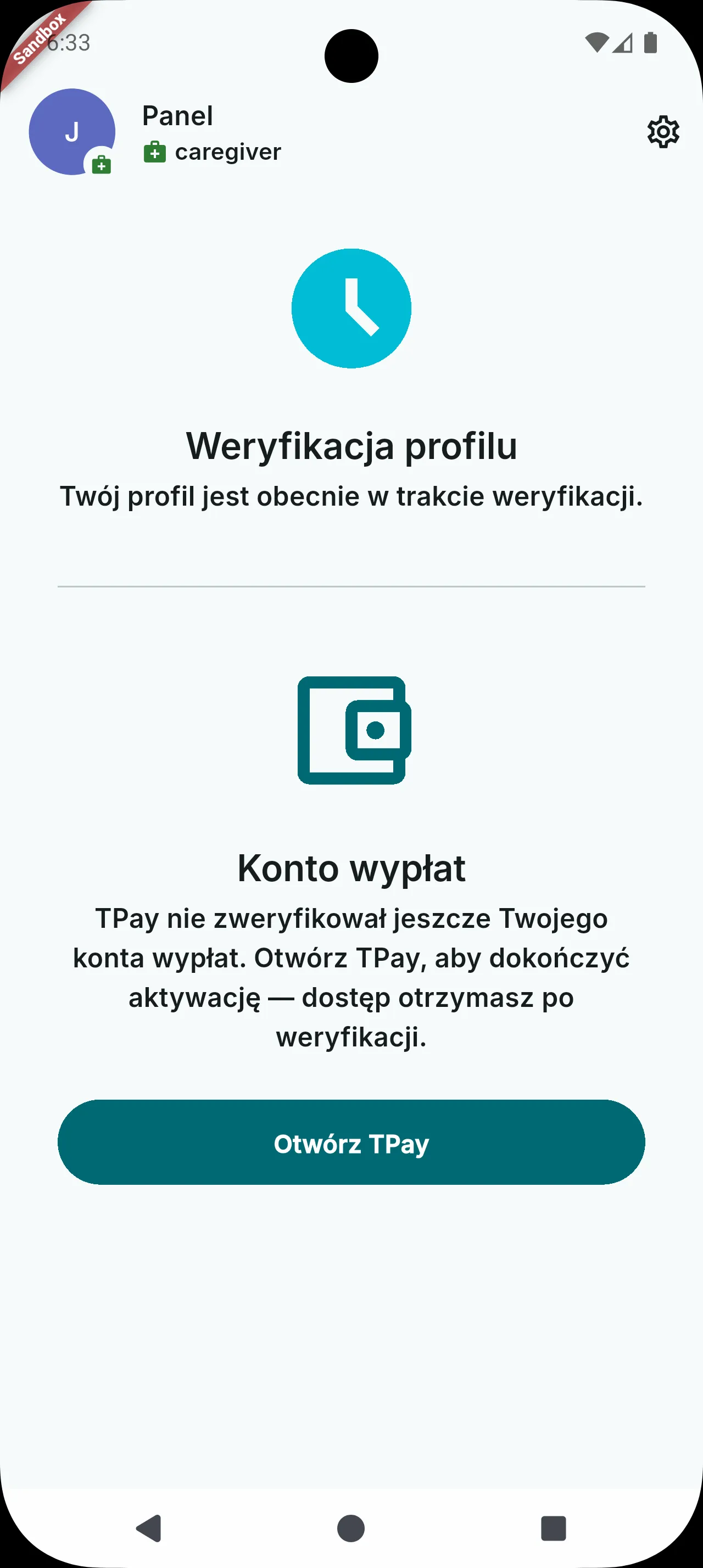 Ekran bramek dostępu opiekuna: oczekująca weryfikacja przez Opieko oraz nieukończona weryfikacja Tpay, obie w jednym widoku.
