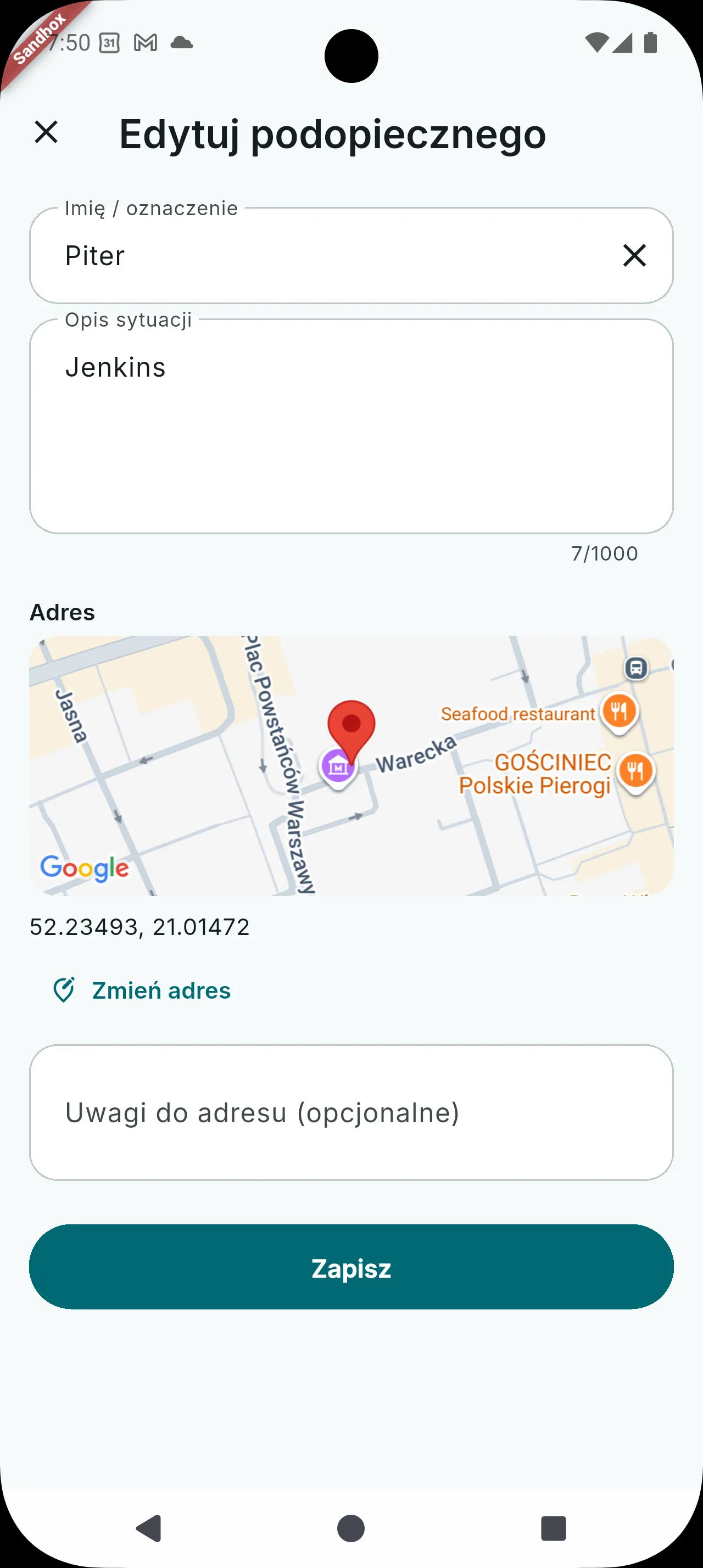 Formularz dodawania podopiecznego w koncie organizatora.
