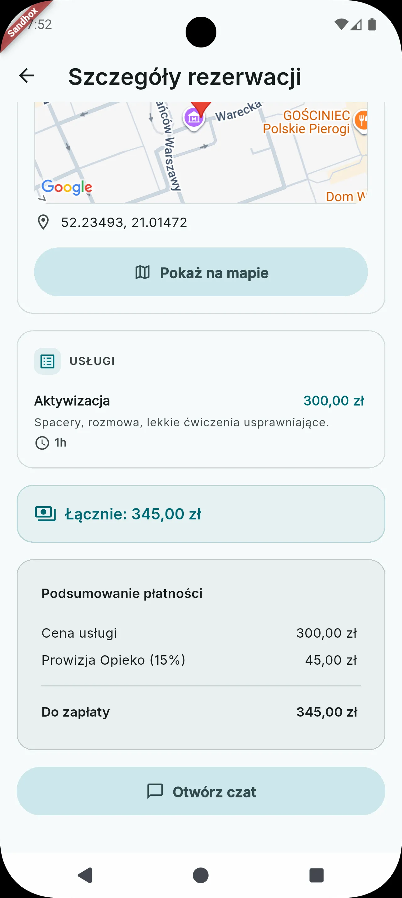 Rozbicie ceny rezerwacji: stawka bazowa, prowizja i suma do zapłaty.