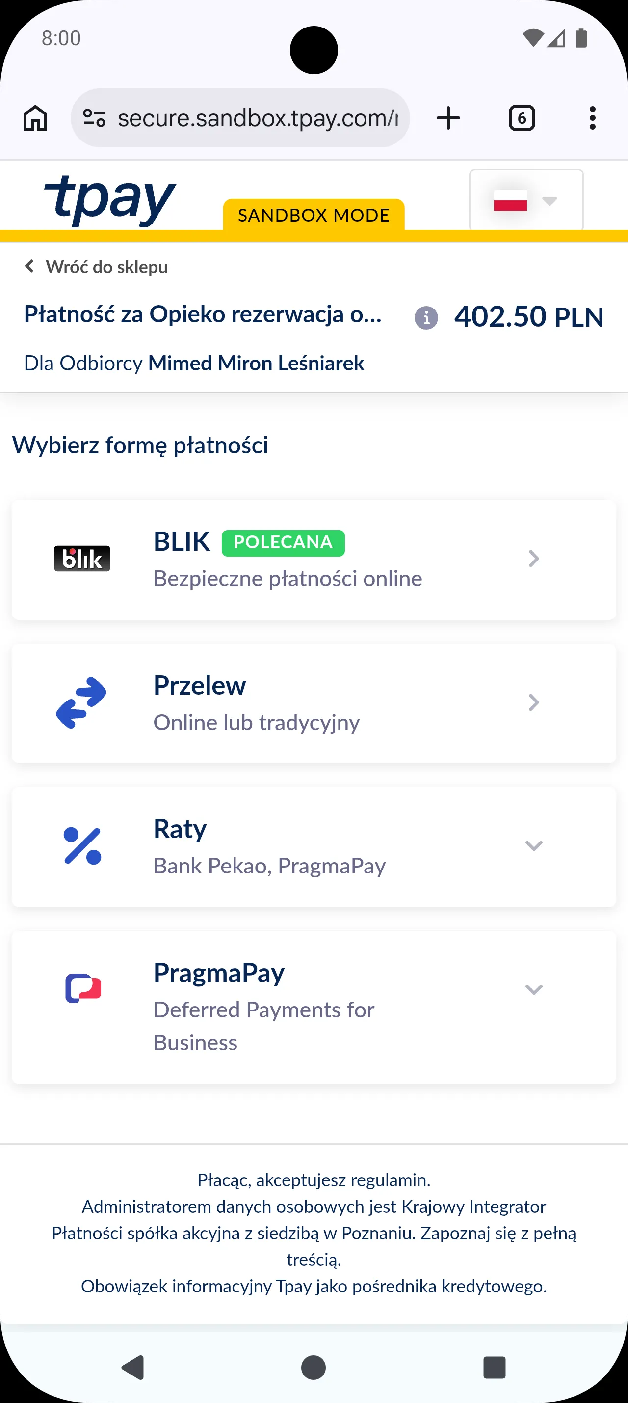 Ekran wyboru metody płatności w Tpay: BLIK, karta lub przelew, z kwotą do zapłaty.