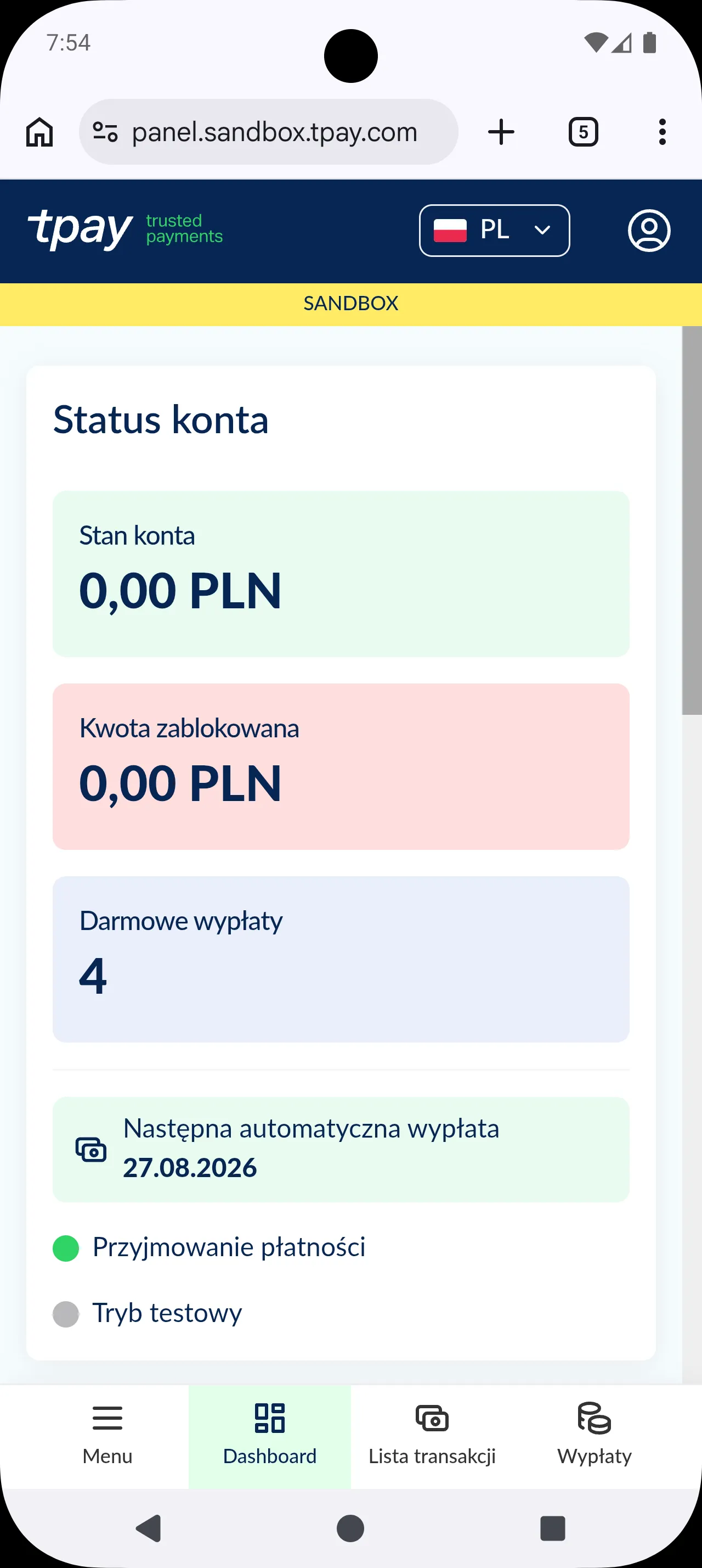 Panel Tpay z widokiem dostępnych środków na koncie rozliczeniowym.