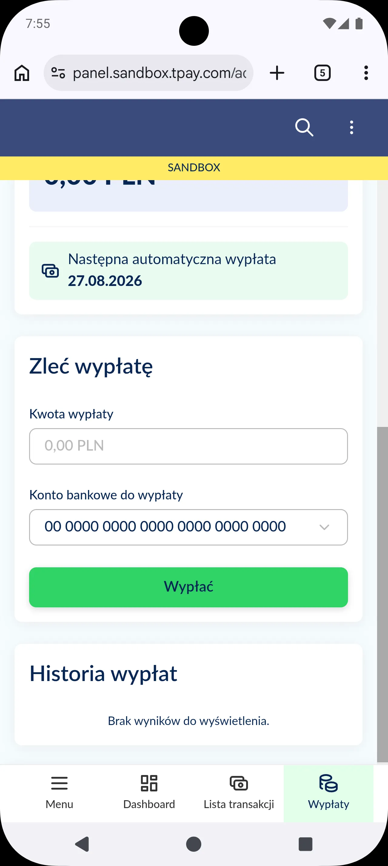 Ustawienia wypłat w panelu Tpay: harmonogram automatycznych wypłat i limit darmowych wypłat w miesiącu.